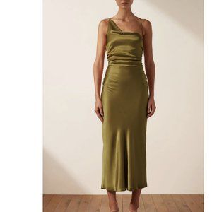 Shona Joy GIORGIA ASYMMETRICAL BIAS COWL MIDI DRESS - OLIVE OIL